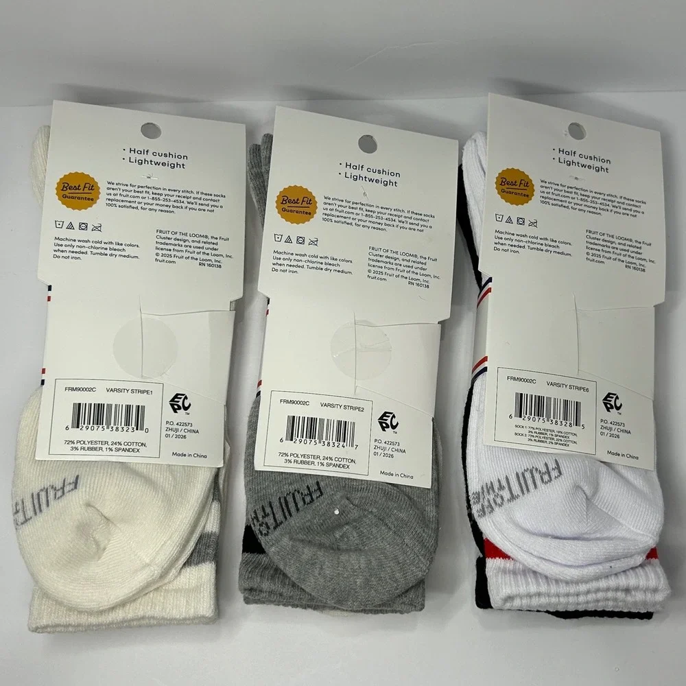 Fruit of the Loom Varsity Stripe Crew Socks 6 Pair Pack White Navy Red Grey 6-12